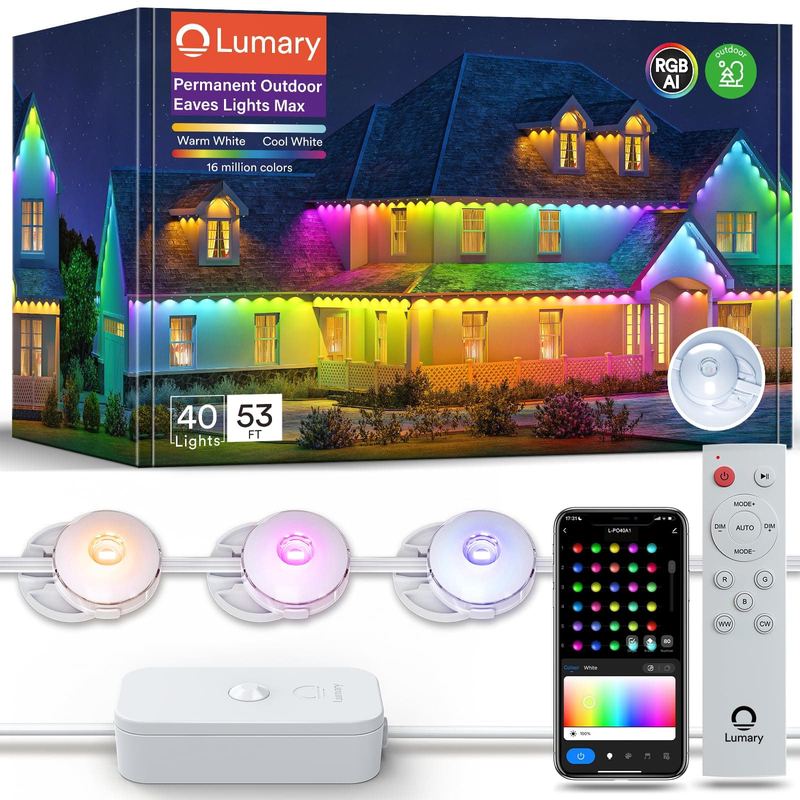 Lumary - 53 Ft Permanent Outdoor Lights Max with 40 LED Eave Lights 4800LM, RGBAICW Smart Outdoor Lighting IP67 Waterproof - White