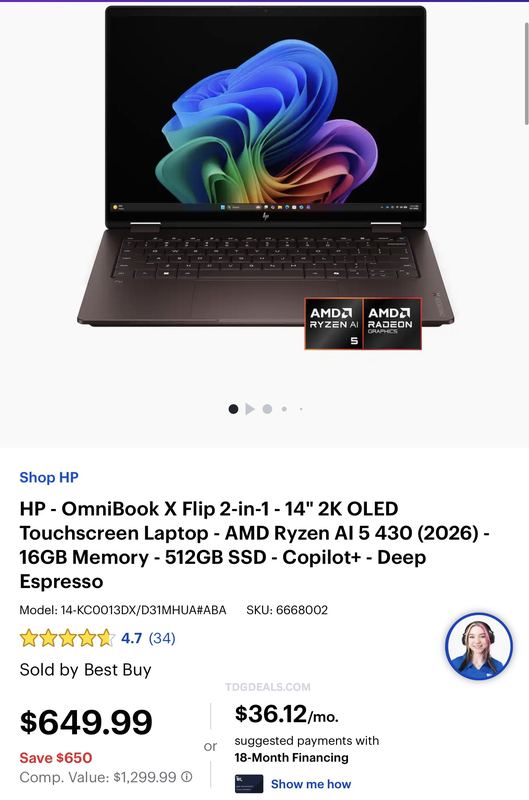 $1,299.99 HP OmniBook X Flip 14” 2-in-1 OLED Laptop for $649.99