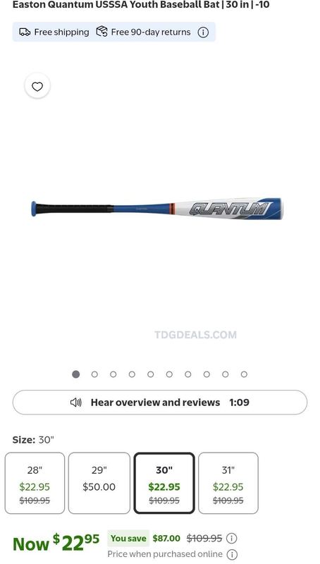 $109.95 EASTON QUANTUM USSSA YOUTH BASEBALL BAT for $22.95