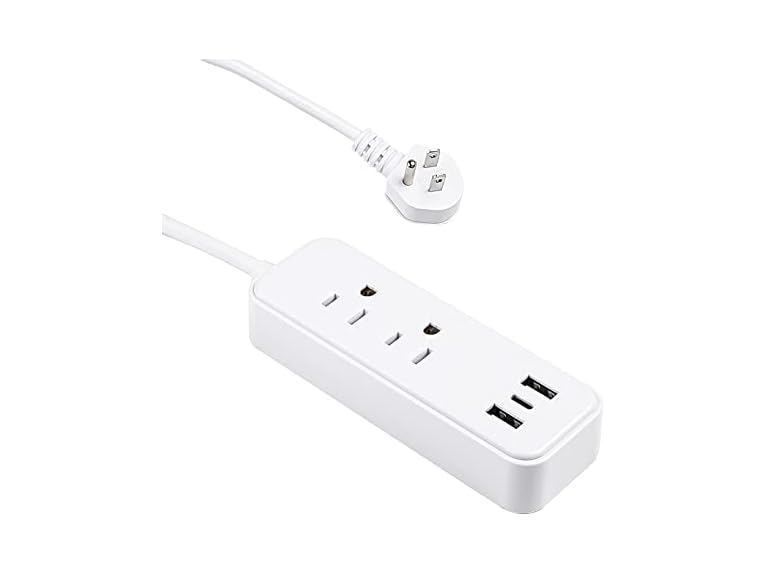 Clear Power 6FT 2-Outlet White Power Strip with 3 USB Ports(1 USB-C), Flat Plug