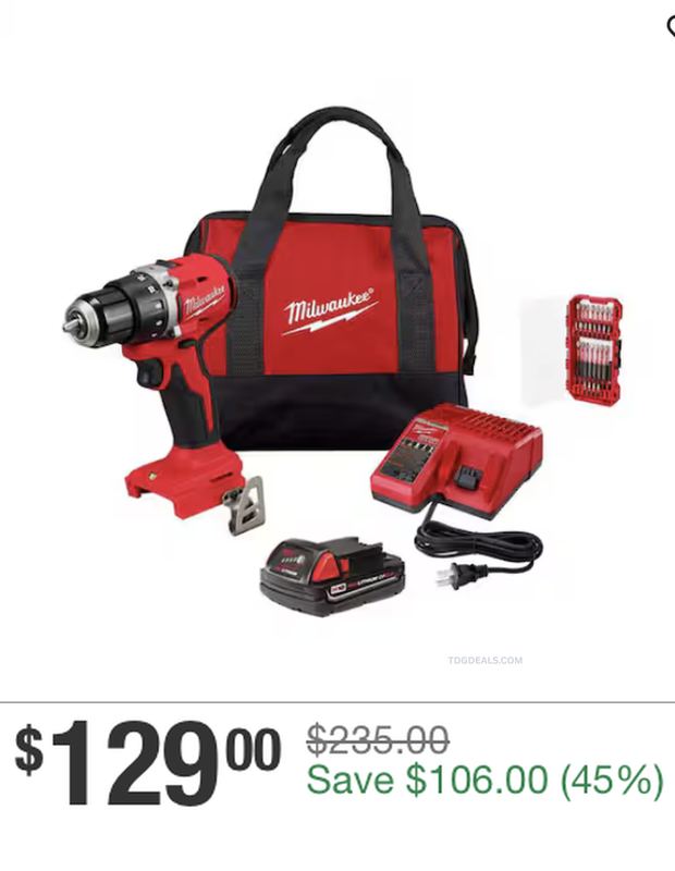 $235 MILWAUKEE M18 DRILL/DRIVER COMBO KIT FOR $129