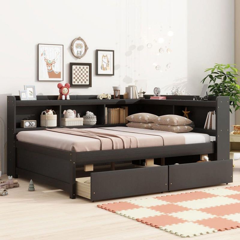 Nestfair - Espresso Full Size Daybed with 2 Drawers, Power Outlets, USB Charging Ports and Bookcases