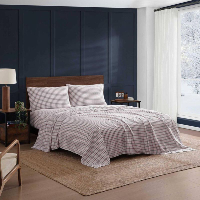 Tommy Hilfiger - Tompkins Windowpane 3-Piece White/Red/Navy Blue Flannel Twin Sheet Set