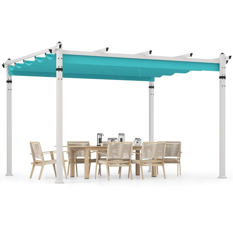 Gymax - 12' x 10' Outdoor Pergola w/ Retractable Canopy Aluminum Frame Anchors Patio Turquoise - Turquoise, White
