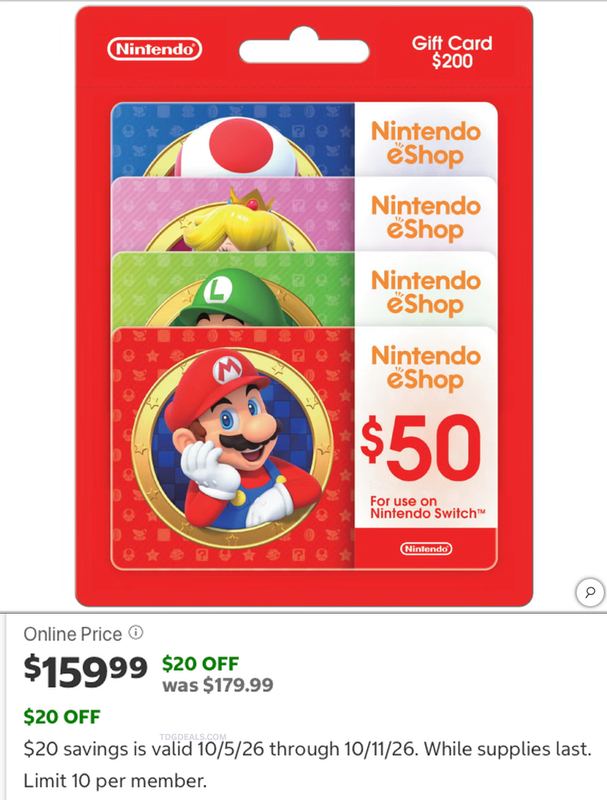 $200 IN NINTENDO ESHOP CREDIT FOR $159.99 AT COSTCO
