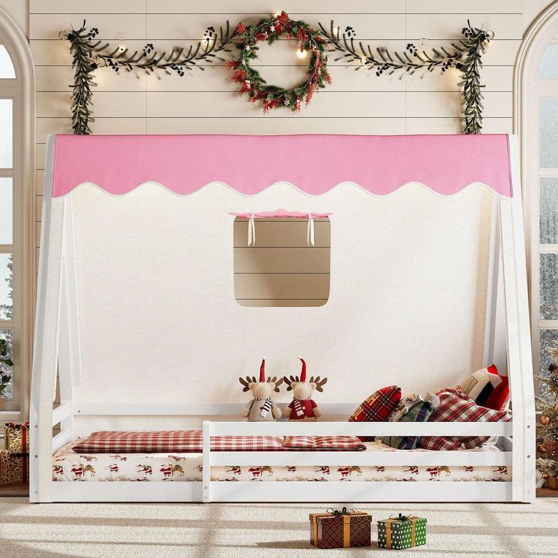 Polibi - White/Pink Twin Size Kids Bed with Tent and Light, Full-Length Guardrails