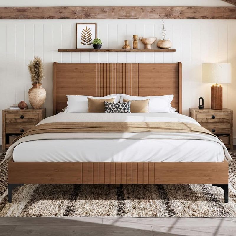Polibi - Brown Bamboo Frame Queen Size Platform Bed with Bamboo-Made Structure,Headboard,Round Corner Design