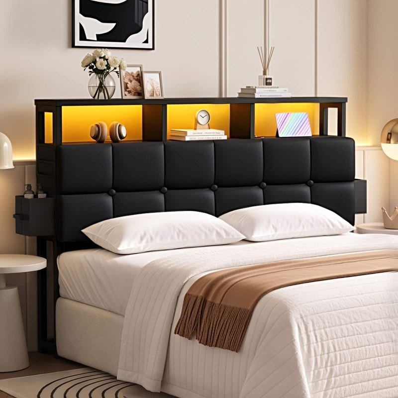 Pinmoco - Upholstered Headboard with Storage, Charging Station & LED Light, Headboard Only - Black