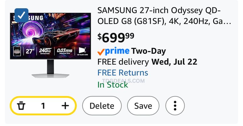 $699.99 SAMSUNG 27-inch Odyssey QD-OLED G8 (G81SF), 4K, 240Hz, Gaming Monitor, 0.03ms Response Time, DisplayHDR True Black 400