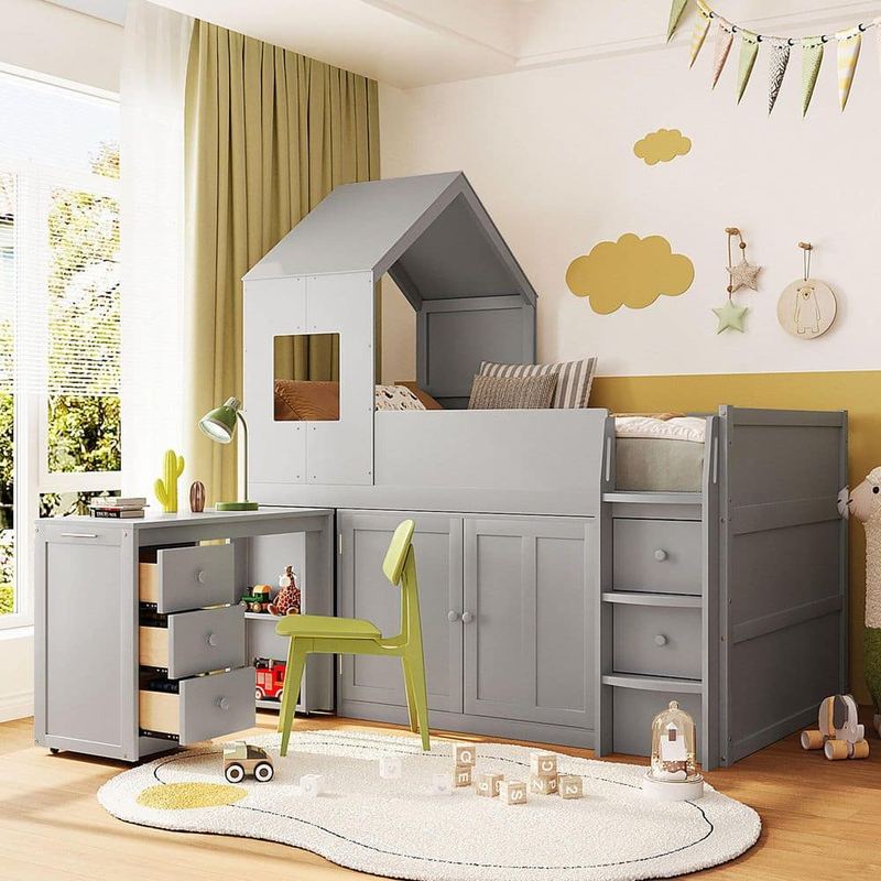 Polibi - Gray Twin Wood Loft Bed with Desk
