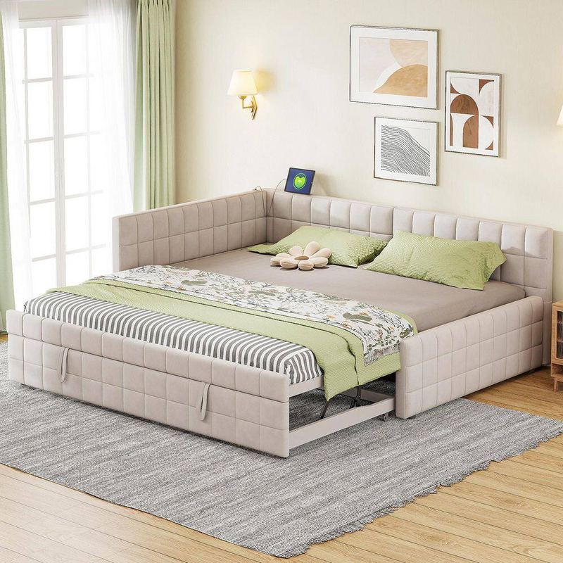 Nestfair - Beige L-Shaped Upholstered Full Daybed with Pop Up Trundle and USB ports
