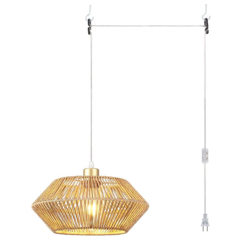 ADSENSTY - Bohemian 60-Watt 1-Light Plug in Paper Bamboo Shade Pendant Light with Switch for Kitchen Island, No Bulbs Included