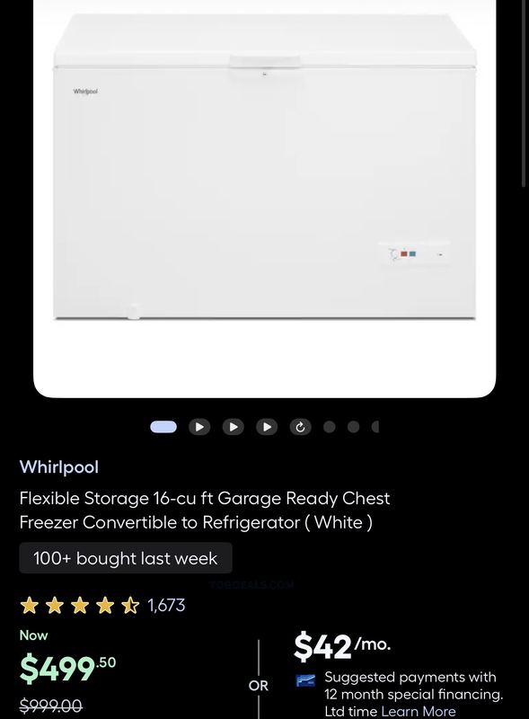 $500 Whirlpool 16-cu ft Convertible Chest Freezer