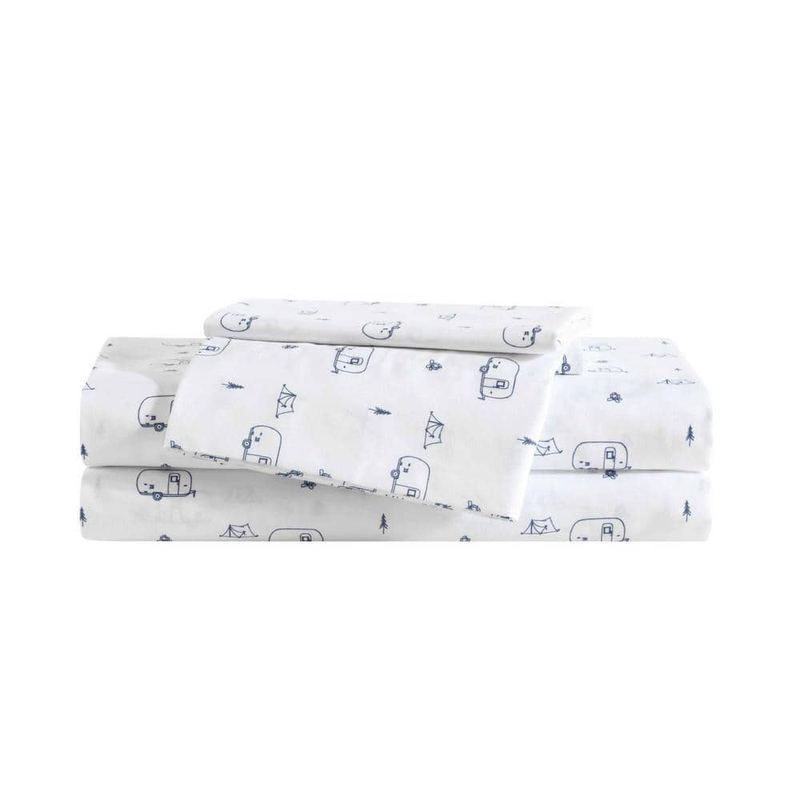 Eddie Bauer - Travel Trailer Novelty 3-Piece White/Blue Microfiber Twin Sheet Set