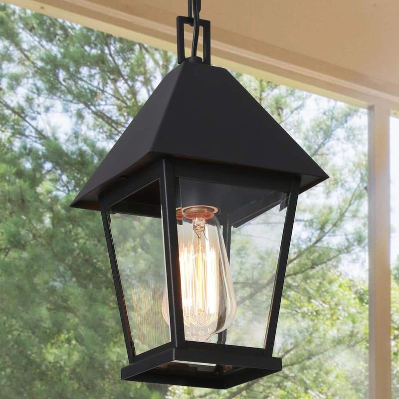 Uolfin - Modern Farmhouse Black Metal Outdoor Hanging Lights, 1-Light Industrial Outdoor Pendant Light with Clear Glass Shade