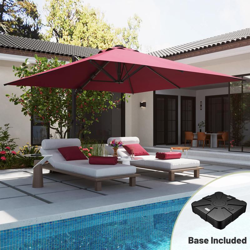Mondawe - 10*10ft Large Patio Cantilever Umbrella with LED Light Panel and Base - Red
