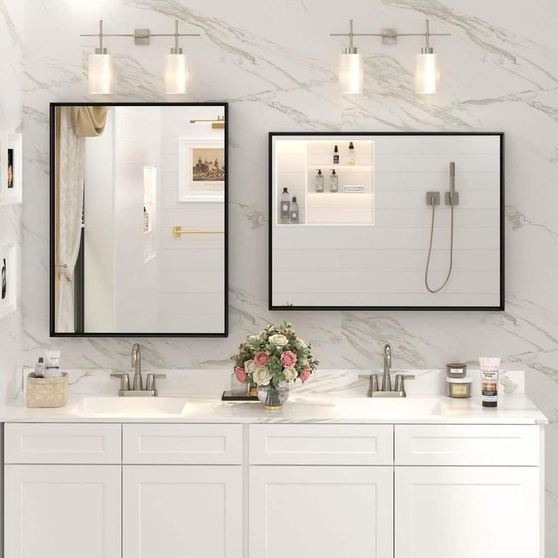 Apmir - 2 Pieces 24 in. W x 32 in. H Rectangular Aluminum Alloy Framed and Tempered Glass Wall Bathroom Vanity Mirror in Black