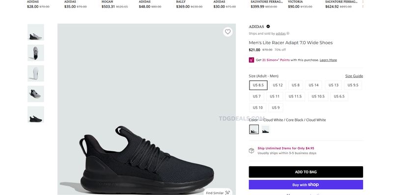 $70 adidas Men's Lite Racer Adapt 7.0 Wide Shoes for $21