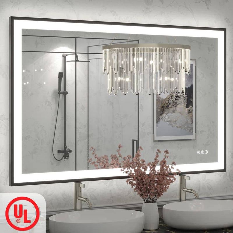 Apmir - 50 in. W x 32 in. H Rectangular Space Aluminum Framed Dual Lights Anti-Fog Wall Bathroom Vanity Mirror in Tempered Glass