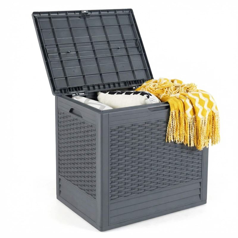 Gymax - 25 Gallon Outdoor Storage BoxPP Deck Container w/Rattan Patterns & Lockable Lid - Gray