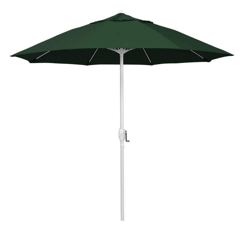 California Umbrella - 9 ft. Matted White Aluminum Market Patio Umbrella Fiberglass Ribs and Auto Tilt in Forest Green Sunbrella