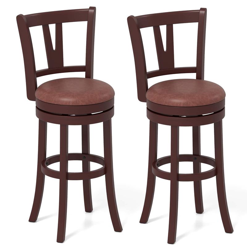Gymax - 30'' Bar Height Swivel Barstools Set of 2 High Backs & Footrests Solid Wood - Brown