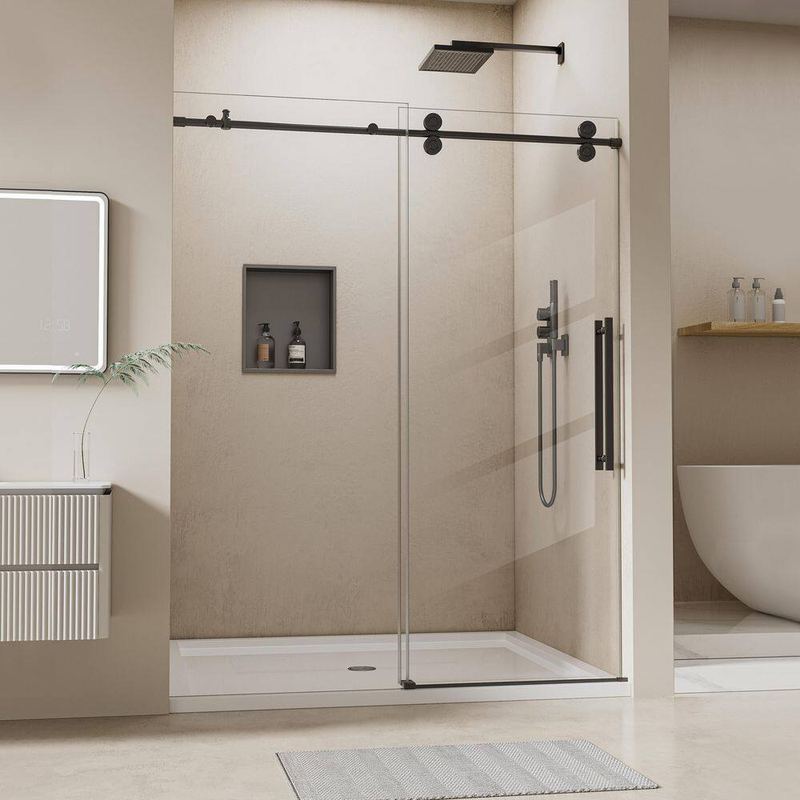Yuaris - 44 in.-48 in. W x 76 in. H Sliding Frameless Shower Door in Matte Black Finish with Tempered Clear Glass