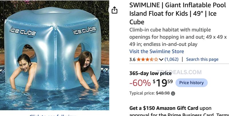 $19.59 SWIMLINE 49IN INFLATABLE ICE CUBE POOL FLOAT