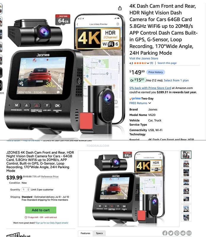 $39.99 - 4K Dash Cam Front and Rear 📸