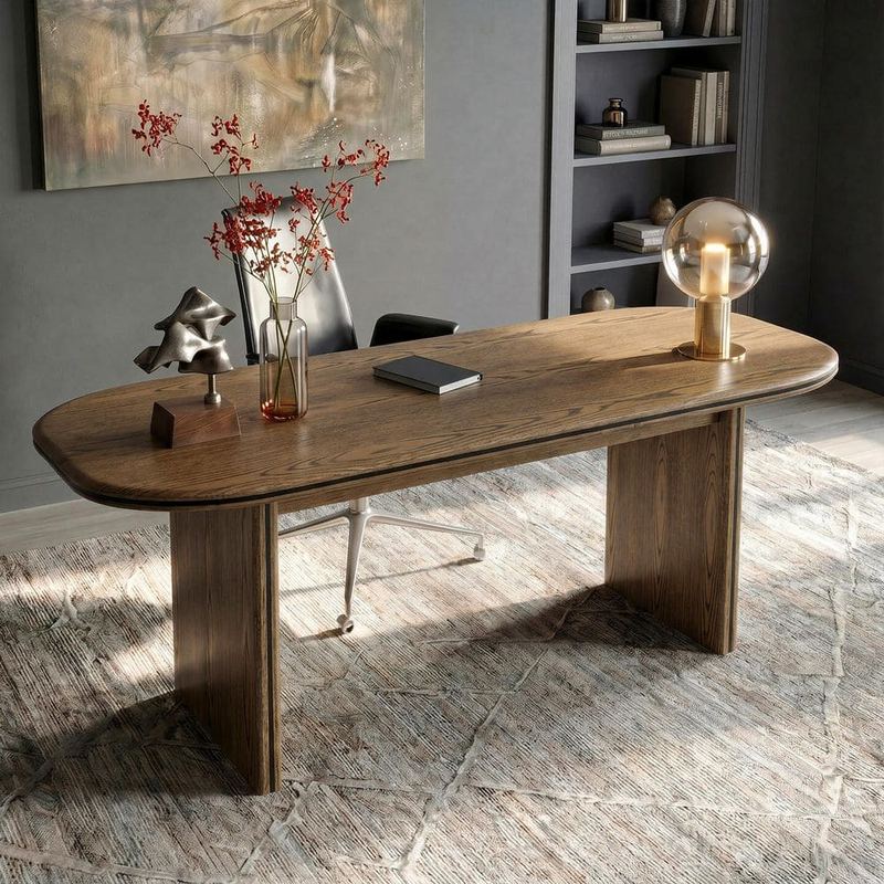 Homsee - 70.9 in. Round Natural Wood 0-Drawer Desk with Double Pedestal Base and Large Work Surface for Office Workspace