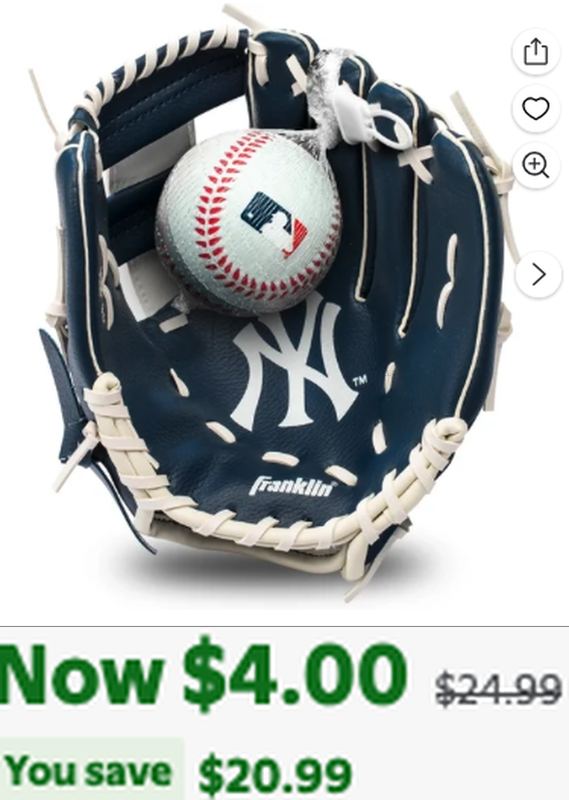 $4 - Franklin Sports MLB New York Yankees Youth Teeball Glove + Ball Set, 9.5 in