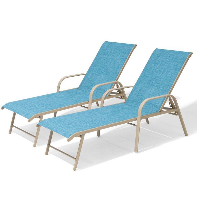 Pellebant - 2-Piece Aluminum Adjustable Outdoor Patio Chaise Lounge with Arms and Blue Textilene Fabric