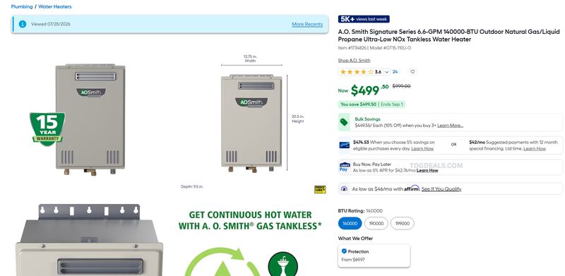 A.O. SMITH TANKLESS WATER HEATER — $499.50