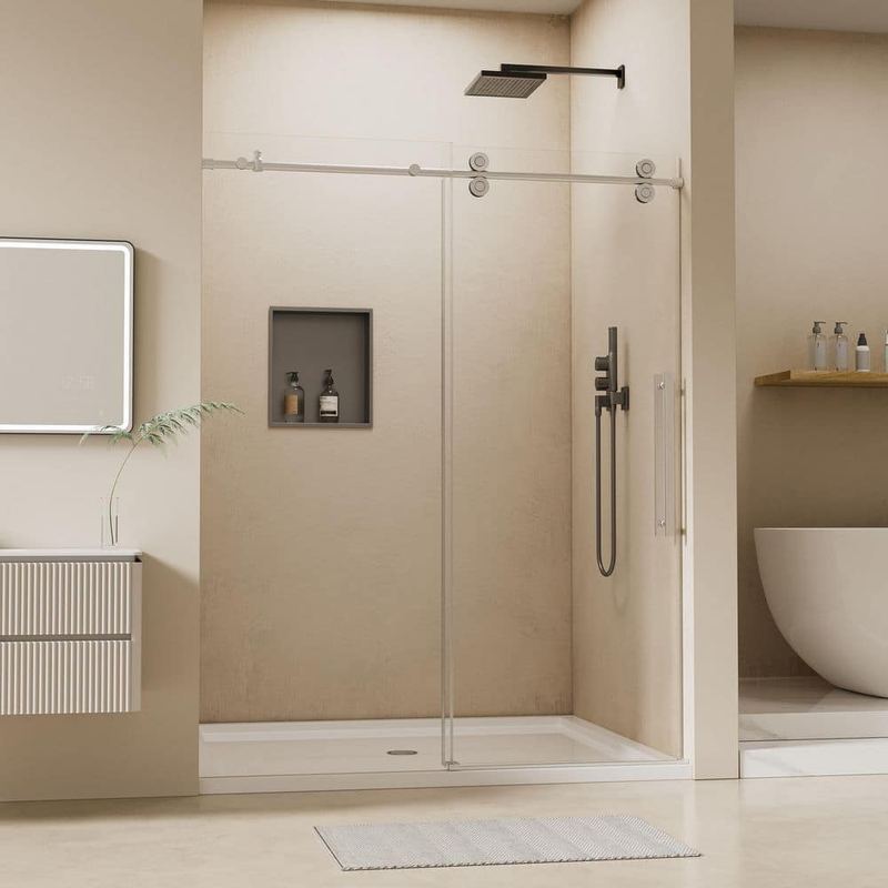 Yuaris - 50 in.-54 in. W x 76 in. H Sliding Frameless Shower Door in Brushed Nickel Finish with Tempered Clear Glass