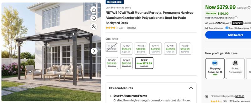 NETAJE 10'x8' Wall Mounted Pergola, Permanent Hardtop Aluminum Gazebo with Polycarbonate Roof for Patio Backyard Deck