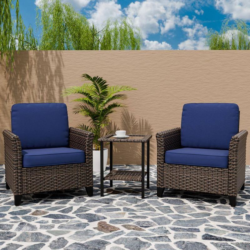 EAGLE PEAK - 3-Piece Mix Brown Wicker Patio Conversation Set Wide Armrest Chair Set with Blue Cushions, 2-Tier Side Table