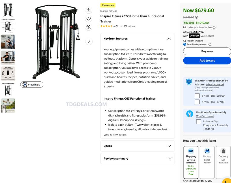 INSPIRE FITNESS CG3 HOME GYM — $679.60