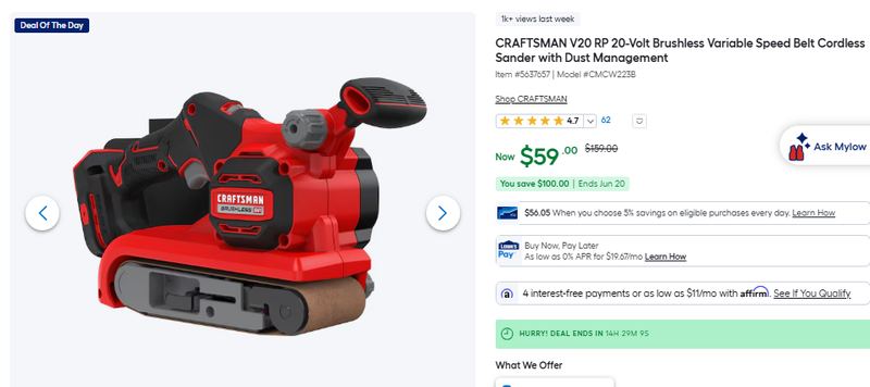 CRAFTSMAN V20 RP 20-Volt Brushless Variable Speed Belt Cordless Sander with Dust Management