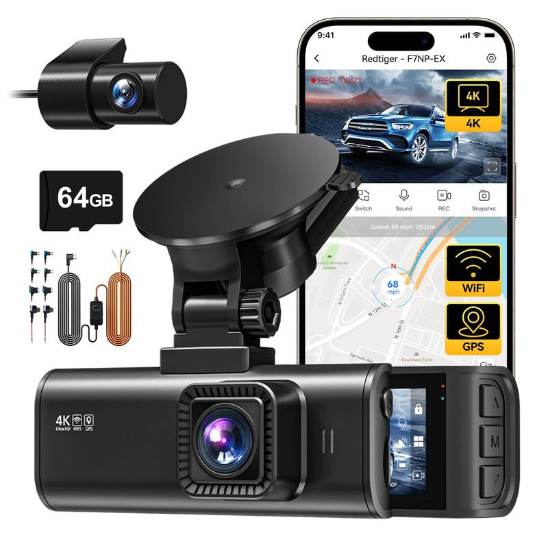REDTIGER - 4K Dash Cam, STARVIS 2, 5G WiFi, GPS, WDR Night Vision, 128G, 24H Parking Mode - Black