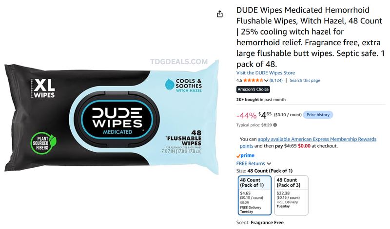 DUDE WIPES MEDICATED FLUSHABLE WIPES 48CT — $4.65