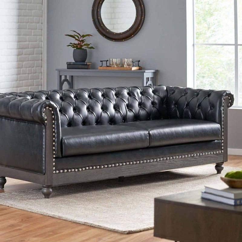 Qualler - 78.8 in. Rolled Arm Faux Leather Rectangle Sofa with Wooden Legs in Black