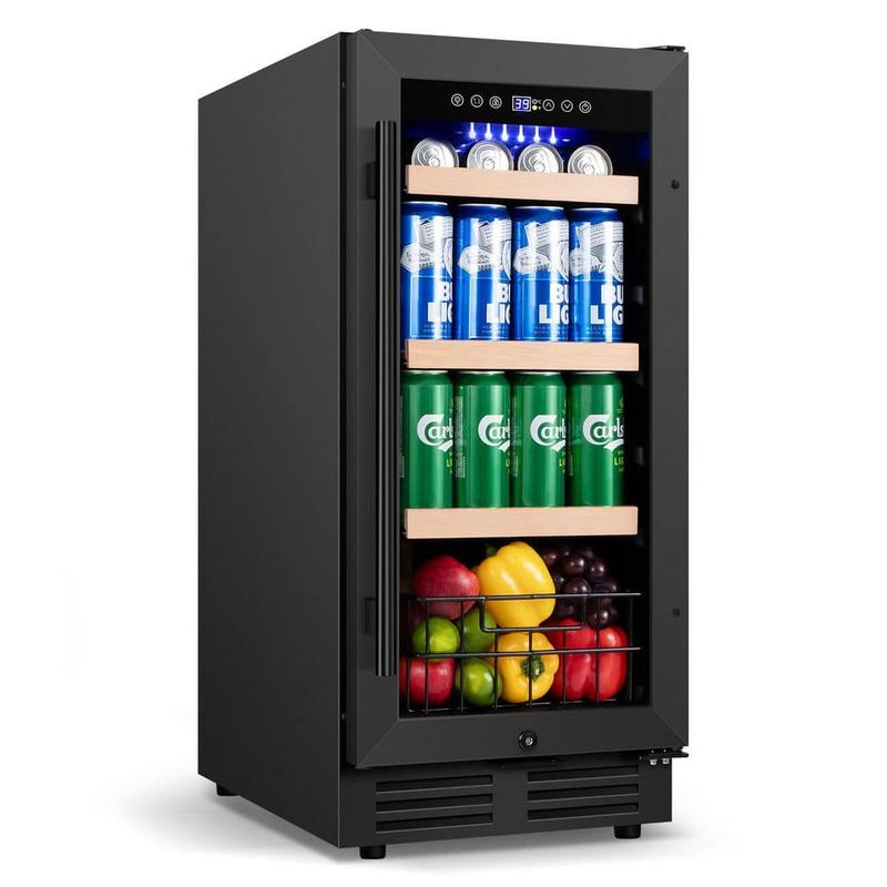 Nipus - 15 in. Built-in 145-Can Single Zone Beverage Cooler with Blue LED Lighting and Reversible Door in Black