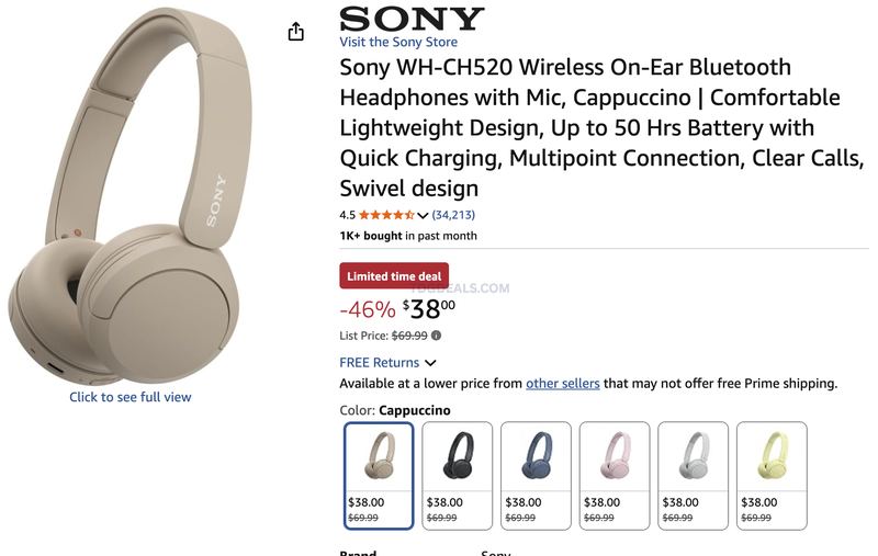$38 SONY WH-CH520 WIRELESS HEADPHONES