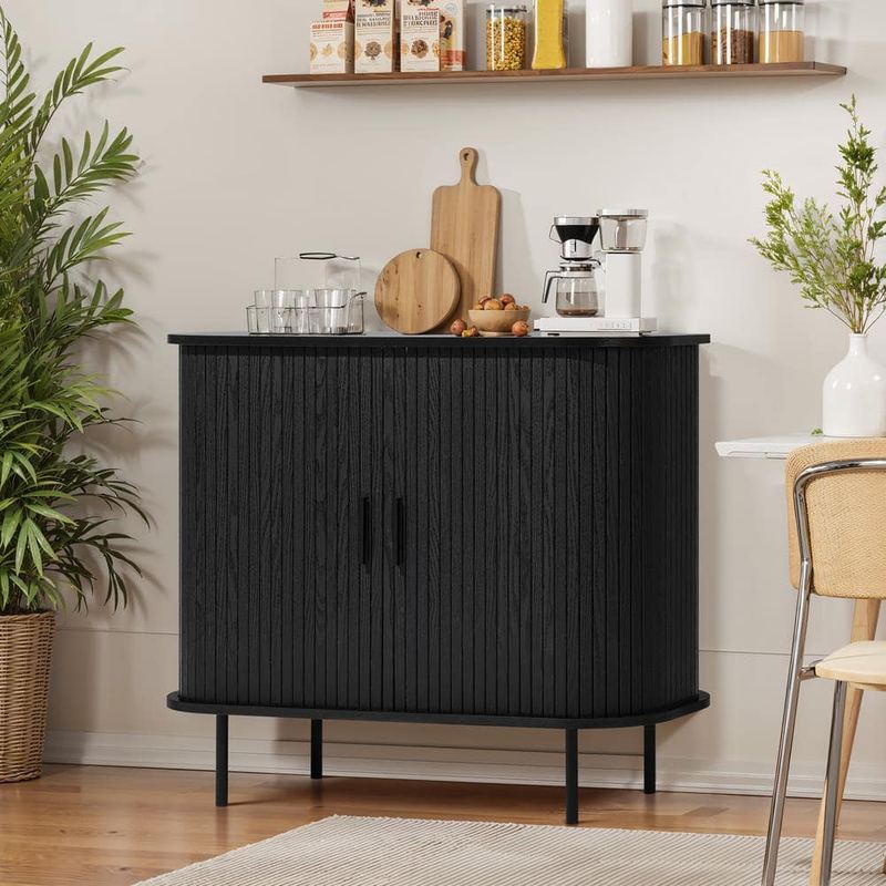 LuxenHome - Black 29.5 in. Mid-Century Modern 2-Door Accent Storage Cabinet with Slatted Sliding Doors