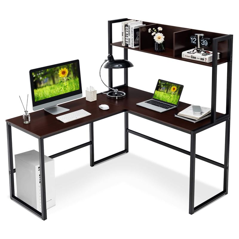 Costway - 55"L-Shaped Desk Corner Computer Desk Writing Workstation Table w/Hutch - Teak