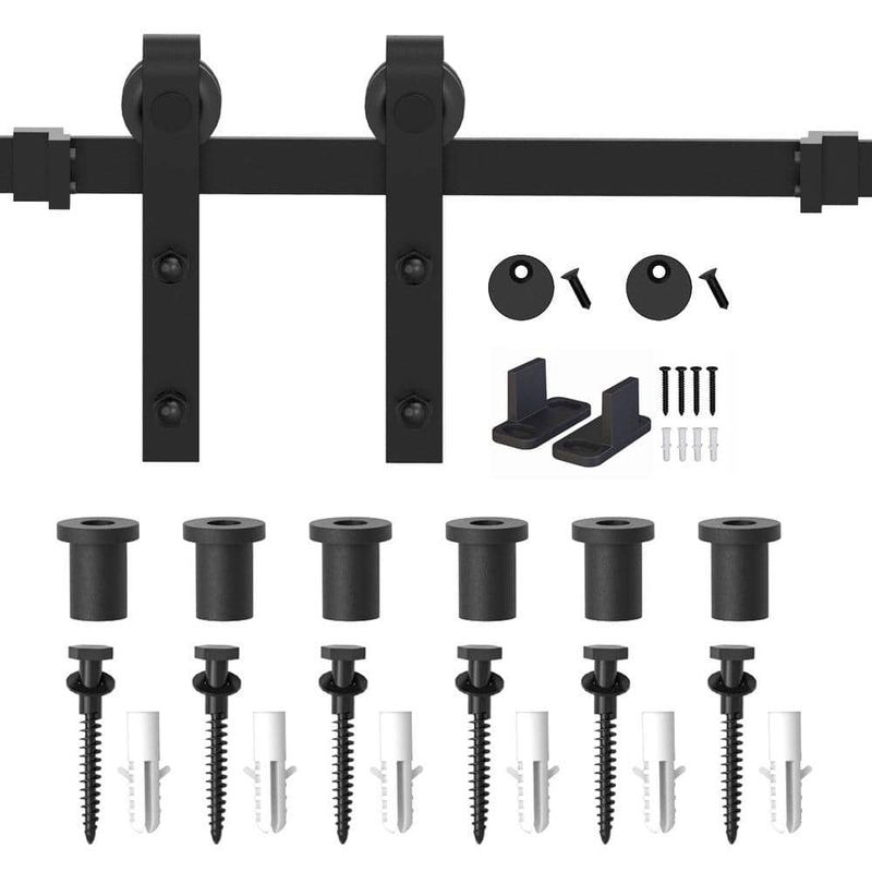 WINSOON - 7.5 ft./90 in. Frosted Black Sliding Barn Door Hardware Track Kit for Single with Non-Routed Floor Guide