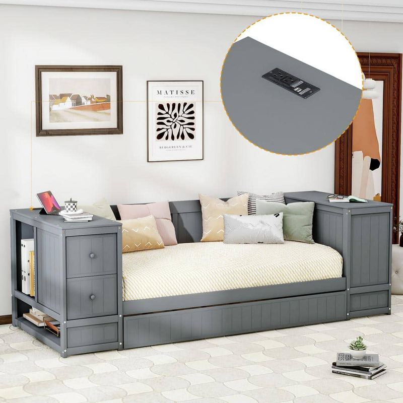 Qualler - Gray Twin Size Daybed with Trundle and Charging Station