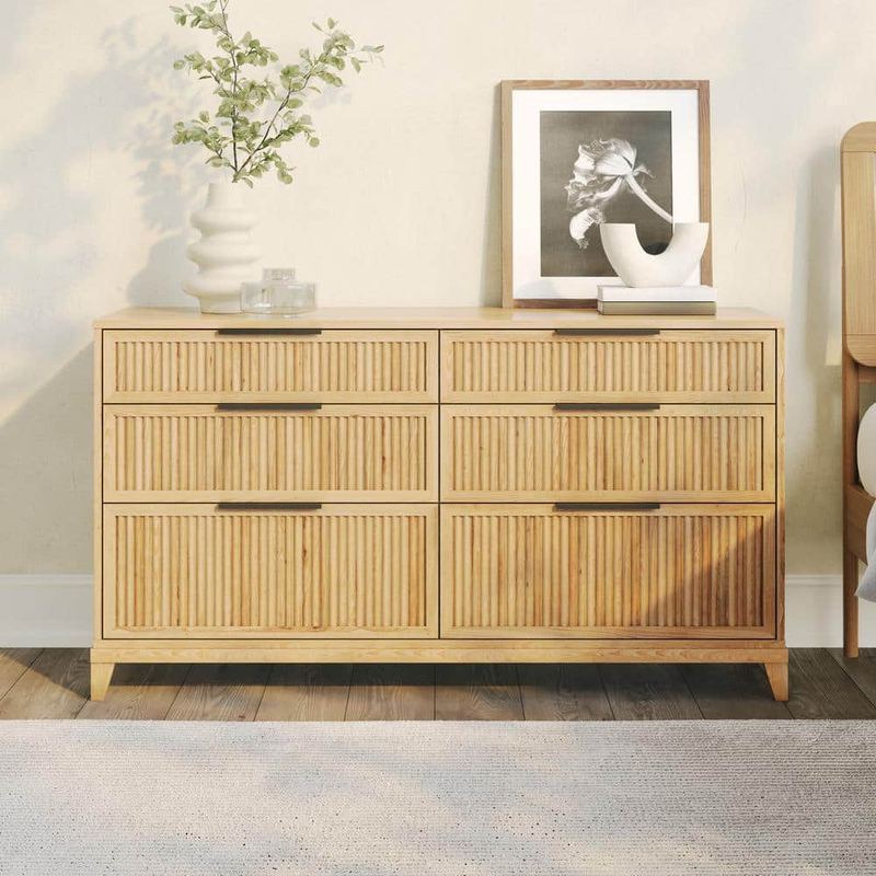 Walker Edison Furniture Company - 6-Drawer 56 in W Natural Pine Solid Wood Transitional Reeded Dresser