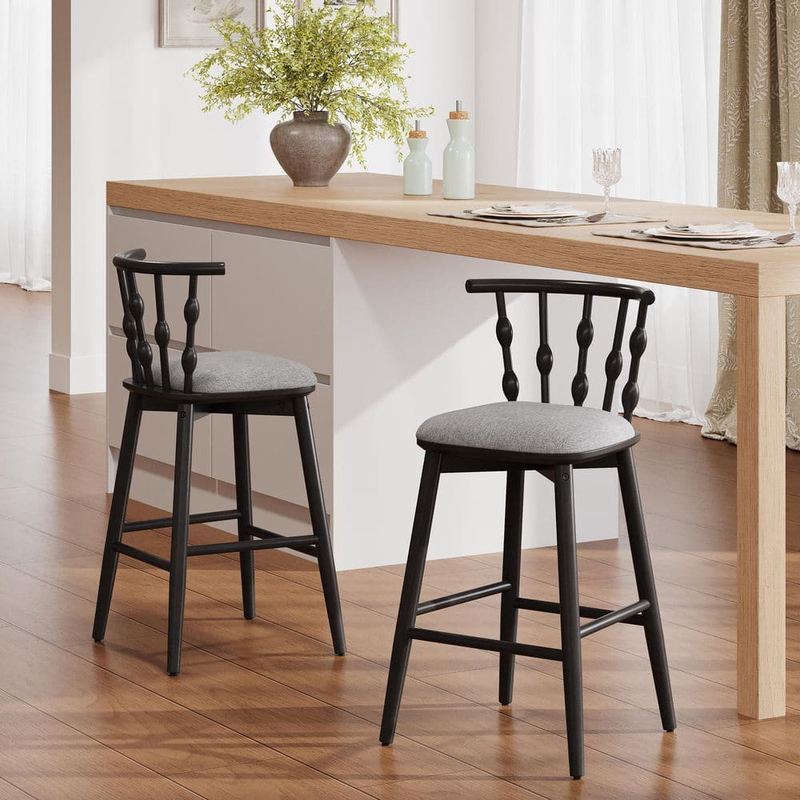 Harper & Bright Designs - 39.5 in. H Black Finish Indoor Solid Wood Bar Stools with Gray Fabric Seat (Set of 2)