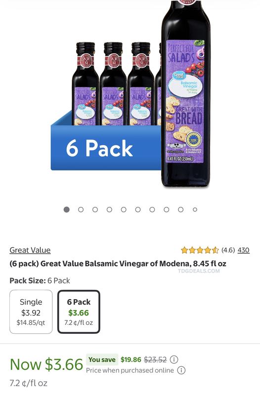 6-Pack Great Value Balsamic Vinegar of Modena is on clearance for just $3.66 at Walmart (reg. $23.52)!